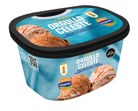 Helado mixto dulce de leche y vainilla marmolado con caramelo y almendras